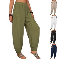 Women Harem Pants Summer Casual Vintage Cotton Linen Pants Elastic Waist Wide Leg Retro Loose Pockets Female Mom Trousers S-5XL