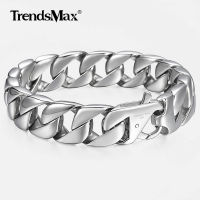 14mm Mens Bracelet Silver Color 316L Stainless Steel Round Curb Cuban Link Chain Bracelets Male Jewelry Gift for Men 8.62"HB164