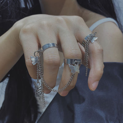 แหวนโซ่ผีเสื้อชุดสำหรับผู้หญิง2021แฟชั่นเกาหลี Aesthatic Vintage Finger Punk แหวนสำหรับสาว Resizeble Jewelry