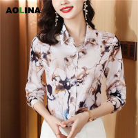 AOLINA เสื้อเชิ้ตหลวมขนาดใหญ่แฟชั่นใหม่สำหรับผู้หญิงเสื้อไหมหม่อนมีปกน้ำหนักมากผ้าไหมแท้สำหรับฤดูใบไม้ผลิพิมพ์ลาย