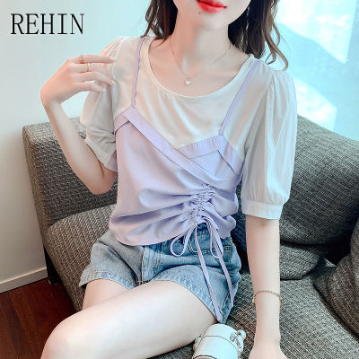 REHIN เสื้อชีฟองแขนสั้นสำหรับผู้หญิง,เสื้อแขนสั้นผ้าชีฟองสองชิ้นผูกเชือกแฟชั่นคอกลมสไตล์เกาหลีแบบใหม่ฤดูร้อน