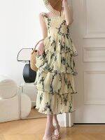 【HOT】 2023 new celebrity Korean version milk yellow vine sling cake dress female summer seaside holiday floral