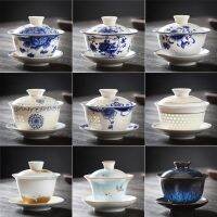 Tureen สามวาดด้วยมือเพียงชามเดียวของชุดชากังฟูถ้วยกาแฟเซรามิกที่มีฝาครอบสีฟ้าและสีขาวขนาดใหญ่ที่ใช้ในครัวเรือน