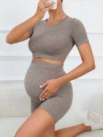 【DT】hot！ Seamless Shorts Set Maternity Workout Gym Clothing Premama Short Sleeve Sportswear