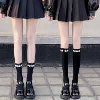 【LZ】◄✻  Preto Branco Meias Longas Meias Lolita Meninas Pérola Joelho Meias Altas Cor Sólida Mulheres JK Estilo Japonês Joelho Meias Meias Sox