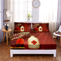 Red Blessing Digital Printed 3pc Polyester Fitted Sheet Mattress Cover Four Corners with Elastic Band Bed Sheet Pillowcases