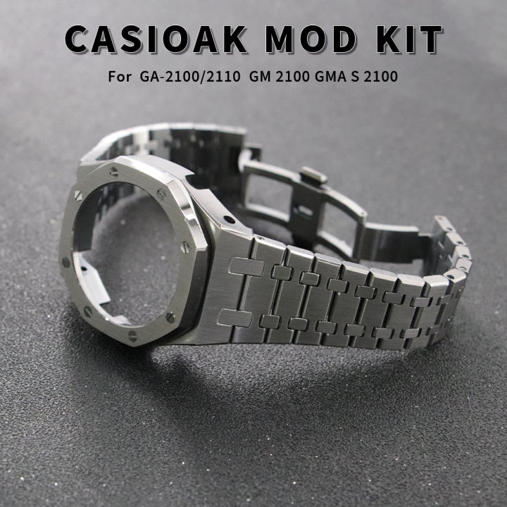 casio-ชุดปรับแต่งเคส-casio-ga-2100-2110-mini-casiไม้โอ๊คสำหรับ-gma-s2100-เคสรุ่นที่สามดัดแปลงสายนาฬิกาสเตนเลสสตีลสำหรับ-gm2100