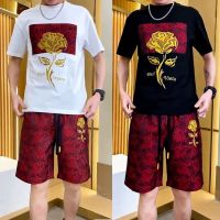 【Hot Sale】 European goods embroidered rose short-sleeved t mens summer trendy brand all-match round neck half-sleeved fashion handsome and comfortable bottoming T-shirt