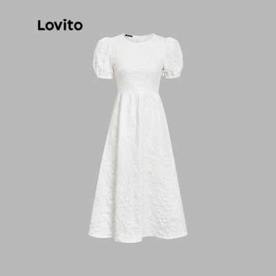 Lovito เดรสทรงเอ แขนพอง คอกลม ลายดอกไม้ หรูหรา สำหรับผู้หญิง L45LD060 (สีขาว)