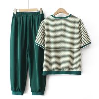 【มีไซส์ใหญ่】Plus Size XL-5XL Womens Summer Sets Short Sleeve Striped Tshirts + Elastic Waist 8/10 Pants 2 Pieces SuitsTH