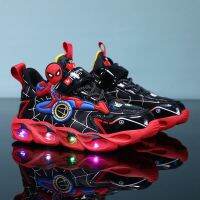 Disney Boys Shoes LED Lights Cartoon Autumn Childrens Sports Shoes Leather Non-slip Childrens Running Shoes Sneaker Size 25-35 Cups