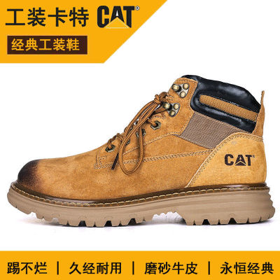 【Original Label】CAT ˉ Carter ˉ Mens Shoes, Mens Martin Boots, Medium Top Leather, Large Yellow Boots, High Top Shoes, Trendy and Versatile, Large Toe Work Boots