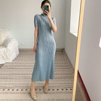 Three female curtilage fold dress with short sleeves in summer the new high quality pure color elastic thin long skirt