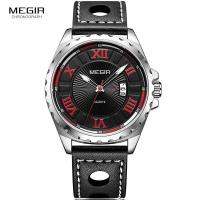 MEGIR Mens Simple Design Roman Numerals Analogue Quartz Watches for Men Leather Strap Wristwatch for Man Red Numbers 1019G-1