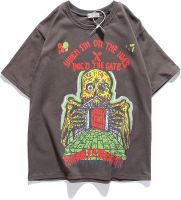 PLOZMCTA Kanye Shirt Mens and Womens Hip Hop Street Skull Print Cotton Short Sleeve