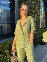 Clacive Summer Short Sleeve Shirts Set Woman 2 Pieces y Green Pleated Trouser Suits Female Casual High Waist Wide Pants Set