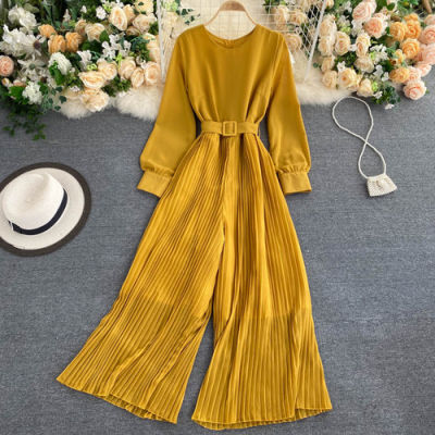 FTLZZ New Spring Autumn Women Casual Loose Long Sleeve Solid Jumpsuits Office Lady O-Neck Wide Leg Trousers with Belt