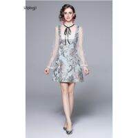 New Womens Jacquard Embroidery Stitching Mesh Bell Sleeve Waist Slimming Princess Collar Sweet Dress