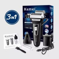 Kemei  เครื่องโกนหนวดไฟฟ้า 3in1 แบตเตอเลี่ยนตัดผม เครื่องโกนหนวด แต่งหนวด แต่งเครา กันจอน ตัดขนจมูก เปลี่ยนหัวได้ 3 แบบ ชาร์จไฟไร้สาย USB &amp; ใส่