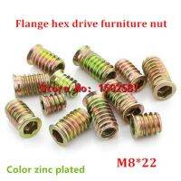 20pcs/lot M8*22 Color Zinc Coated Flange Hex Drive Head Furniture Nut  Internal External Thread Screw For Wood Insert Nut Nails  Screws Fasteners