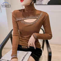 YIMEI ย้อนยุคเซ็กซี่แน่น Bottoming เสื้อ2023ฤดูใบไม้ร่วงและฤดูหนาวแฟชั่นใหม่กลวงคอสูงเจาะร้อนตาข่ายท็อปส์หญิงแขนยาวของผู้หญิงเสื้อยืด