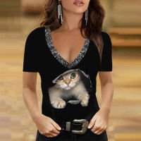 Vintage 3D Cat Printed Blouse Women New Summer Fashion V Neck Short Sleeve Pullover Tops Elegant Casual Street Ladies Shirts