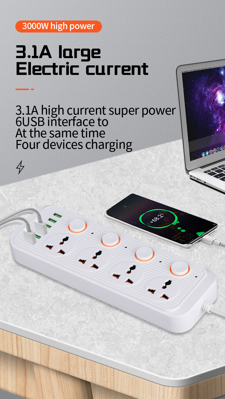 [Local Stock] 3000W Power Strip 6 USB QC3.0 Ports Fast Charging UK Extension Wire 5 ports Power Socket UK PLUG Power Extension With 2Meter 5Meter