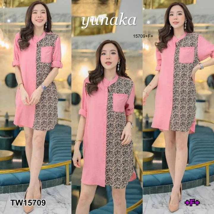 Garden Clothes ชุดเดรส เดรสเชิ้ตแขนยาวคอจีน สีพื้นเรียบแต่งลายเสือ สี