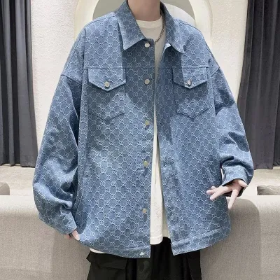 [COD] Kong style spring and autumn trendy brand printed lapel denim jacket mens Korean version washed loose casual tops