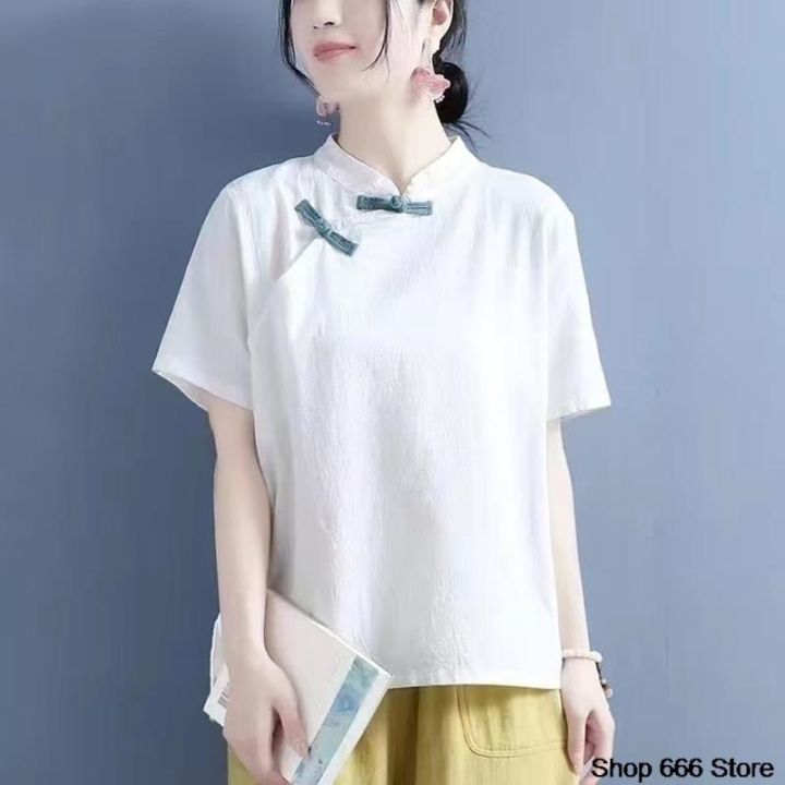 2023ชุดจีน-เสื้อผ้าผ้าลินินผ้าฝ้ายสำหรับผู้หญิง2023เสื้อยืดสตรีจีนเสื้อ-hanfu-หลวม
