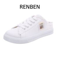 RENBEN ใหม่ รองเท้าผ้าใบหุ้มข้อสีขาวระบายอากาศได้ดีและทนต่อการสึกหรอ