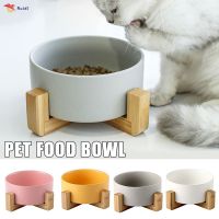 Ceramic Raised Cat Bowl Pet Food Bowl with Anti-Slip Wooden Stand Protect Cervical Spine Pet Feeding Bowl Pet Supplies