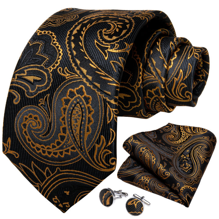 ยี่ห้อชุดเสื้อกั๊กสำหรับชายผ้าไหมสีดำทอง-paisley-เสื้อกั๊ก-tie-cufflinks-ผ้าเช็ดหน้าชุดชายเสื้อกั๊ก