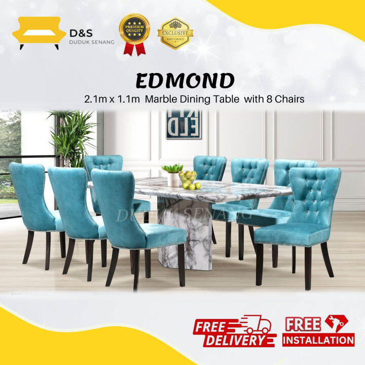 EDMOND 7ft Marble Dining Table with 8 Chairs / Chesterfield design
