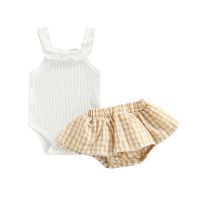 Infant Baby Girl Summer Rompers Set Solid Color Sleeveless Jumpsuit and Casual Ruffled Plaid Shorts Outfit  by Hs2023