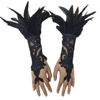 【LZ】▪✎  Luvas de malha Mulheres Halloween Lolita Cosplay Y2k Feather Cuffs Fingerless Mittens Lace Preto Longo Rave Acessórios Feather Vestuário