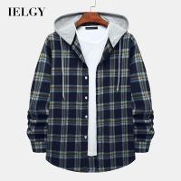 IELGY เสื้อเชิ้ตผู้ชายลายสก๊อตมีฮู้ดสไตล์ฮาราจูกุ