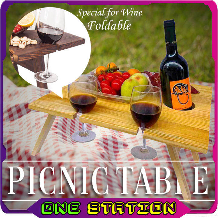 WOODEN FOLDABLE PICNIC TABLE WINE RACK GLASS HOLDER CAMPING OUTDOOR MEJA PICNIC LIPAT Lazada