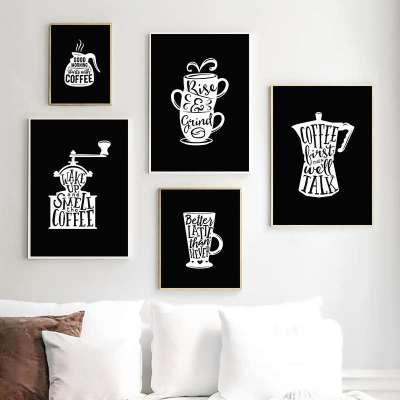 สีดำและสีขาวเครื่องชงกาแฟถ้วยศิลปะผ้าใบจิตรกรรมพิมพ์กาแฟคำคมภาพผนังสำหรับห้องรับประทานอาหาร Modern Home ตกแต่ง