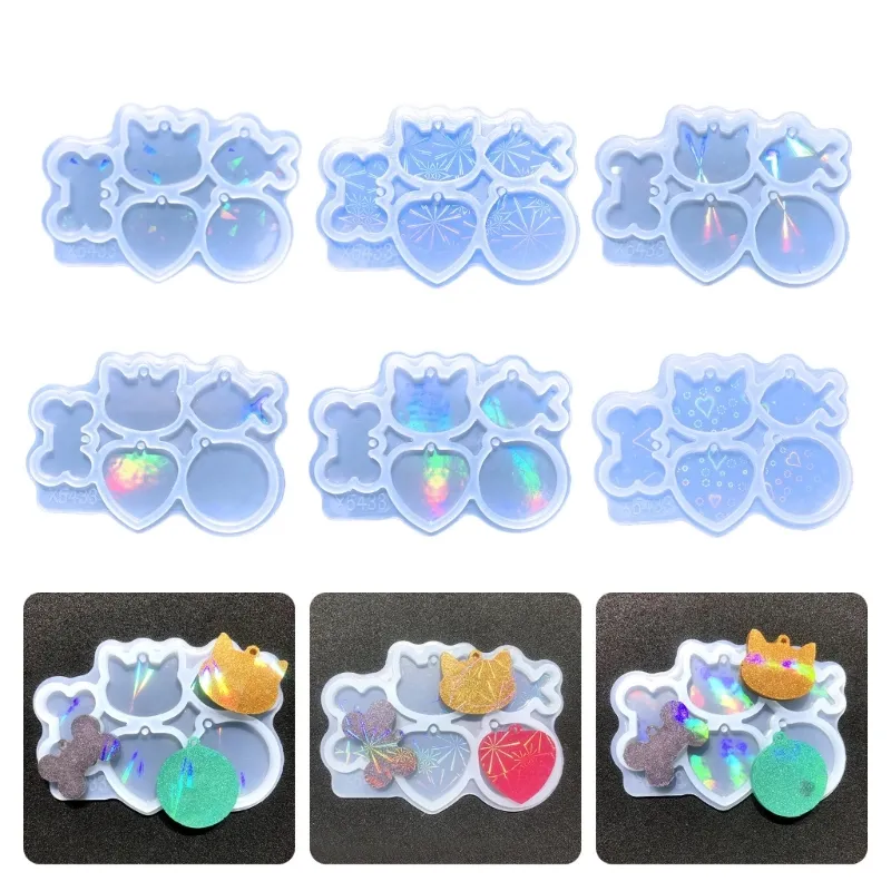 Rainbow Light Effect Silicone Molds Pets Pendant Holographic Resin Casting  Molds Cat Heart Shape Animal Tags Epoxy Molds