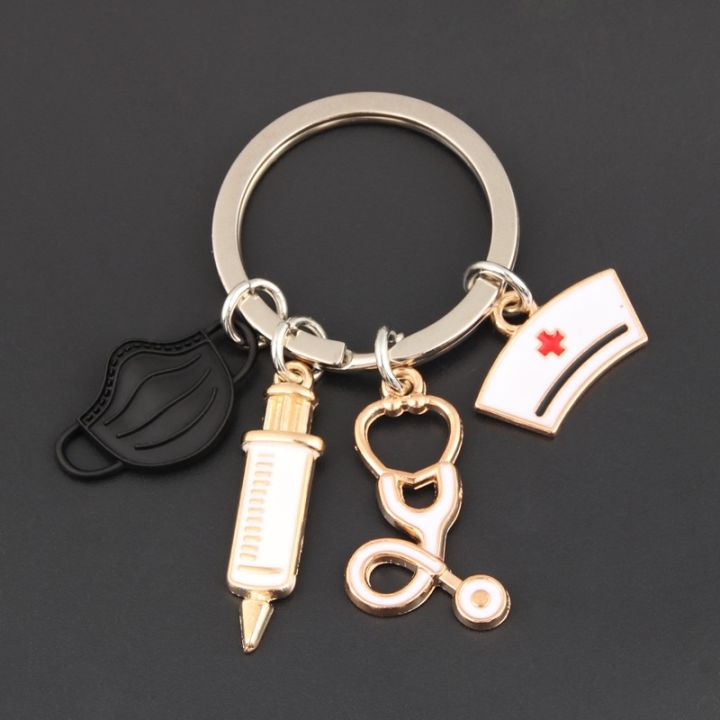 new-doctor-keychain-medical-tool-key-ring-injection-syringe-stethoscope-nurse-cap-key-chain-medico-gift-diy-jewelry-handmade