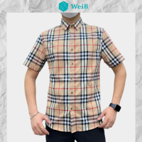 WeiB  เสื้อเชิ้ตผู้ชายแฟชั่นเกาหลีแขนสั้นคอปกลายตาราง