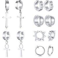 1/6 Pairs Unisex Stainless Clip On Earrings Set Non Piercing Feather Charm Dangle Hinged Stud Earrings for Men Women Teen