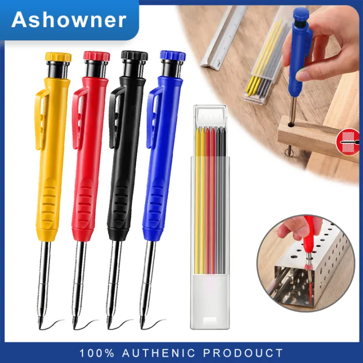 Deep Hole Solid Carpenter Pencil Set – With 6 Refill Leads, Construction Grade