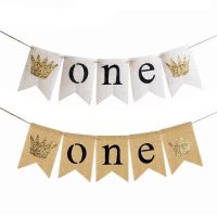 Jute Crown ONE Banner Bunting Garland Baby Boy Girl Rustic Burlap Banner 1st Birthday Bunting Party Decoration Baby Shower Favor Banners Streamers Con