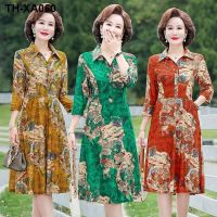 Middle-aged and elderly womens spring summer retro printed dress mid-length skirt mothers fashion slimming ageing.