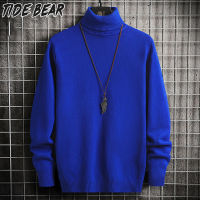 TIDE BEAR เสื้อสเวตเตอร์สีทึบของผู้ชายเสื้อกันหนาวแบบถักกันหนาวแบบหนาหลายสีในเข้ารูปพอดีของเสื้อกันหนาวผู้ชายคอเต่าเสื้อยาวปิดถึงก้น