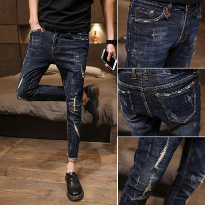 Wholesale 2022 Fashion Denim Mens Skinny Ripped Jeans Korean Trend Slim Ankle Length Brand Feet Pants Casual Pencil Trousers