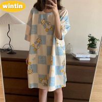 Wintin Summer Pajamas Womens Nightdress Thin Short Sleeve Loose Home Wear Large Size Student Sweet Cartoon Cute New