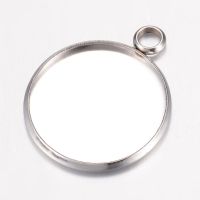 10pc 304 Stainless Steel Pendant Cabochon Settings Plain Edge Bezel Cups Flat Round Stainless Steel Color Tray: 20mm 26.5x22x2mm Hole: 3mm